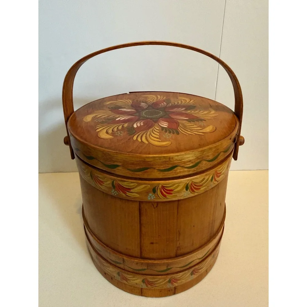 VTG Firkin Hand Painted Wooden Sewing Basket Floral Folk Art Lined Bucket Handle